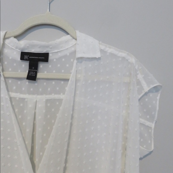 I.N.C. White Sheer Embossed Dot Collared Wrap Top - Picture 4 of 7